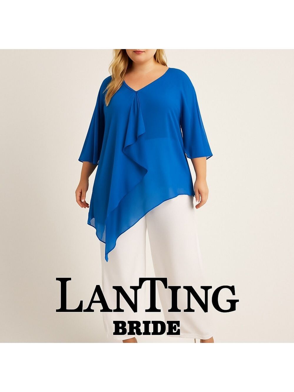 LT Lanting Bride Blue Chiffon Plus  XXL Asymmetric Blouse Resort Poolside Chic